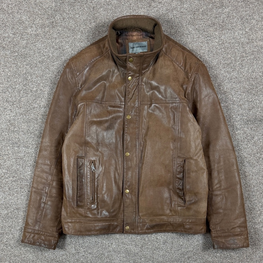 Johnston & Murphy Brown Leather Moto Biker Jacket Men’s Size XL Y2K Full Zip